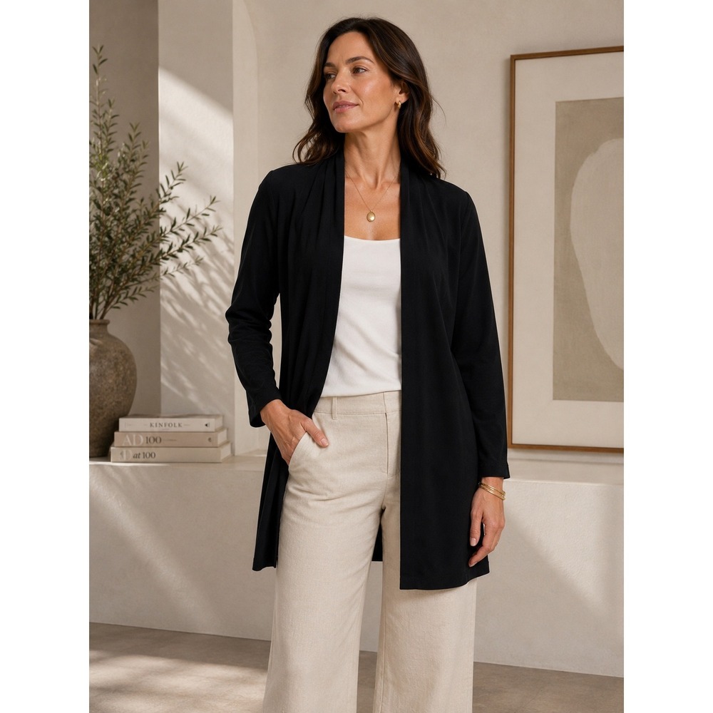 Eileen Fisher Petite Black Stretch Crepe Open Front Long Jacket Cardigan PL